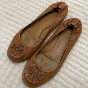 Tory Burch womens brown Minnie travel ballet flat leather size 9.5 used